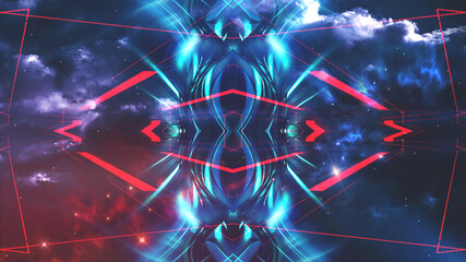 Dark abstract futuristic modern neon background. Futuristic space dark background with rays and neon lines. Neon abstraction. Symmetrical reflection, perspective. neon. 3D illustration. 