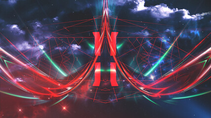 Dark abstract futuristic modern neon background. Futuristic space dark background with rays and neon lines. Neon abstraction. Symmetrical reflection, perspective. neon. 3D illustration. 