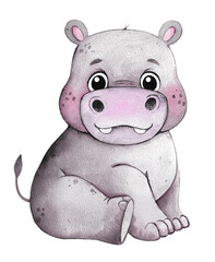 Watercolor cute hippo . Watercolor animal, on an isolated background, for children's parties. Wall decoration.