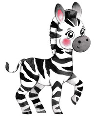 Fototapeta na wymiar Watercolor cute zebra . Watercolor animal, on an isolated background, for children's parties. Wall decoration.