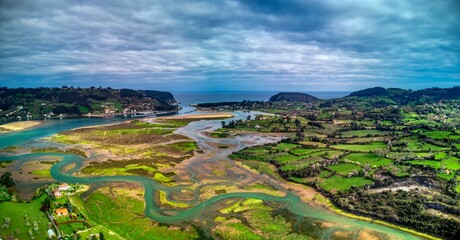 Aerial view of the Ria de Villaviciosa, Asturias.