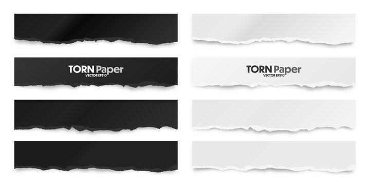 Ripped black and white paper strips. Realistic crumpled paper scraps with torn edges. Shreds of notebook pages. Vector illustration.