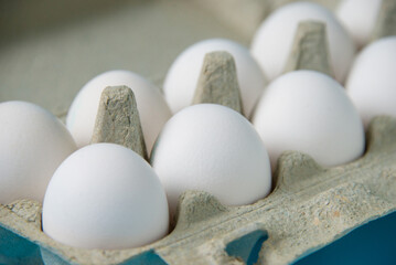 Eggs in a package on a blue background