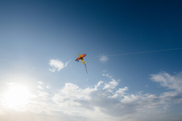 A beautiful kite soars against the blue sky. Freedom and space.