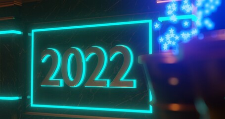 Number 2022 neon light brightly glowing. 2022 happy new year with decoration with a neon number and blue star. 3d rendering