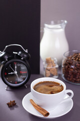 Cup of coffee at abstract paper background. Food and drink minimalism concept style