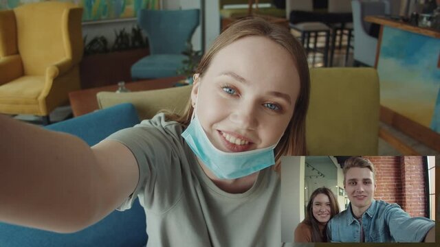 Laptop webcam screen multicam view multiethnic young friends videoconference. friends making video chat call enjoy communication, video conference multinational remote language studying