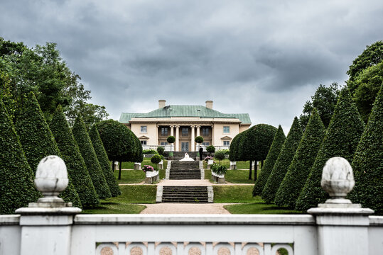 Gothenburg, Sweden - July 11 2021: Wedding couple in the park outside Gunnebo Slott.