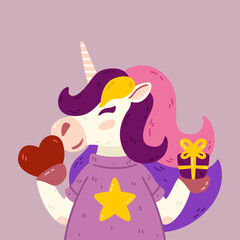Cute unicorn portrait with gift and heart. Valentine's day romantic horse with horn, present, t-shirt. Vector illustration isolated on background.
