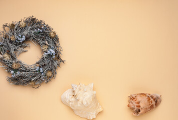 yelllow background and table sea scenery and seashells decoraton for you