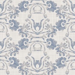 Seamless french linen printed floral damask background. Provence blue gray linen pattern texture. Shabby chic style woven blur background. Textile rustic all over print - 467236910