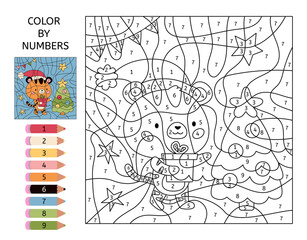Educational game for preschool children. Color by numbers. Chinese New Year symbol - tiger. Cute kawaii wild cat with Christmas tree and gift box. Learn numbers. Printable activity worksheet.