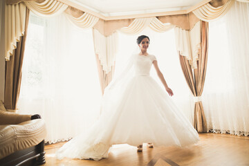 Gorgeous bride in robe posing and preparing for the wedding ceremony face in a room