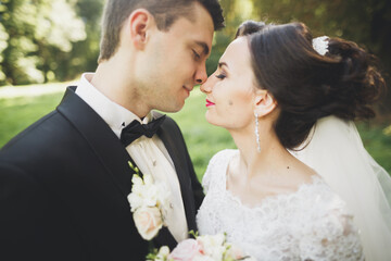 Happy wedding couple charming groom and perfect bride posing in park