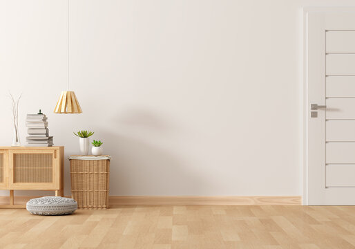 Wood sideboard in living room with free space, 3D rendering