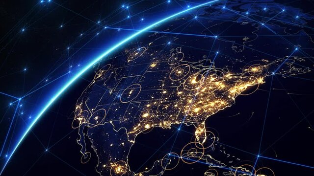 Earth Rotating With City Lights. Bright Connections Forming A Network From United States To Europe. This Video Can Be Used To Represent Concepts Like Futuristic Technology, Social Networks, Telecom.