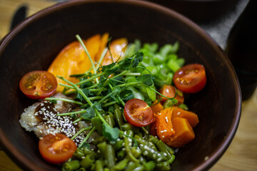 poke bowl, vegetarian food, vegan, proper nutrition, natural food, healthy food, salad, vegetables, microgreens