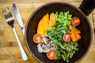 poke bowl, vegetarian food, vegan, proper nutrition, natural food, healthy food, salad, vegetables, microgreens