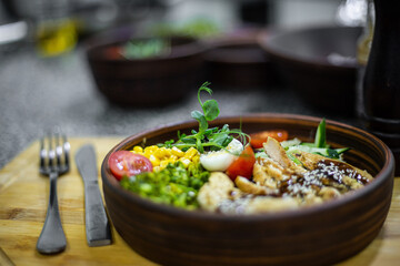 poke bowl, proper nutrition, natural food, healthy food, salad, chicken fillet, vegetables, microgreens