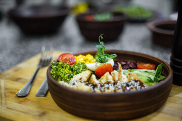 poke bowl, proper nutrition, natural food, healthy food, salad, chicken fillet, vegetables, microgreens