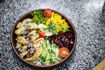 poke bowl, proper nutrition, natural food, healthy food, salad, chicken fillet, vegetables, microgreens