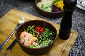 poke bowl, proper nutrition, natural food, healthy food, salad, raw fish, vegetables, microgreens