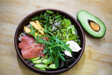 poke bowl, proper nutrition, natural food, healthy food, salad, raw fish, vegetables, microgreens