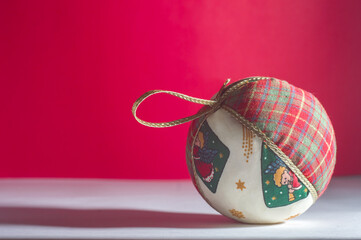 Christmas ornaments, Christmas balls with white and red background, selective focus and copy space, Christmas concept