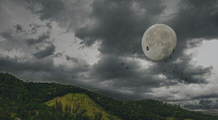 mountains with sky om clouds and moon. birds flying