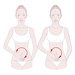 Half-figure of a girl. Self-massage of fatty deposits in the abdomen. Vector illustration.