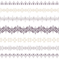 Obraz premium Geometric seamless pattern of brown and purple squares in a flat style ornament in the form of pixels. Embroidery dotted schemes. Textile geo prints of borders.