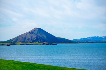 Landscape of mountain and water at Lake Myvatyn Diamond Circle Iceland