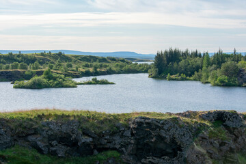 Landscape of trees and water at Lake Myvatyn Diamond Circle Iceland