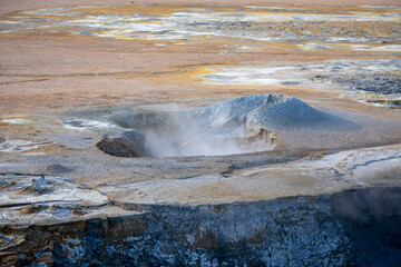 Landscape of Mt. Námafjall steaming Fumaroles boiling mud pit Diamond Circle Iceland