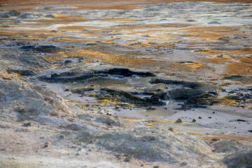 Landscape at Mt. Námafjall Fumaroles boiling mud pit Diamond Circle Iceland