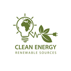 renewable energy icon with light bulb, earth and leaves isolated on white background
