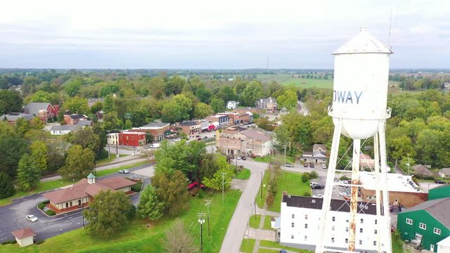 Aerial establishing shot over main street small town USA with water tower, Midway, Kentucky.