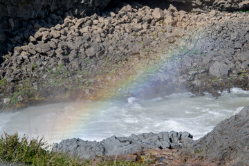 Landscape of rainbow at Selfoss waterfall Golden Circle Iceland