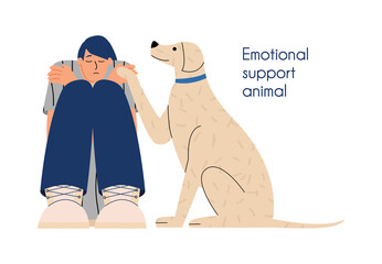 A depressed girl is provided with emotional support by her pet dog. Vector illustration in flat style - obrazy, fototapety, plakaty