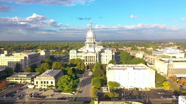 Aerial of the Illinois state capitol building in Springfield, Illinois.