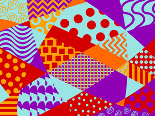 Obraz premium Vector graphics are a beautiful abstract pattern with multicolored mosaic patches and curved geometric shapes of bright red and orange trend colors. Concept paper packaging