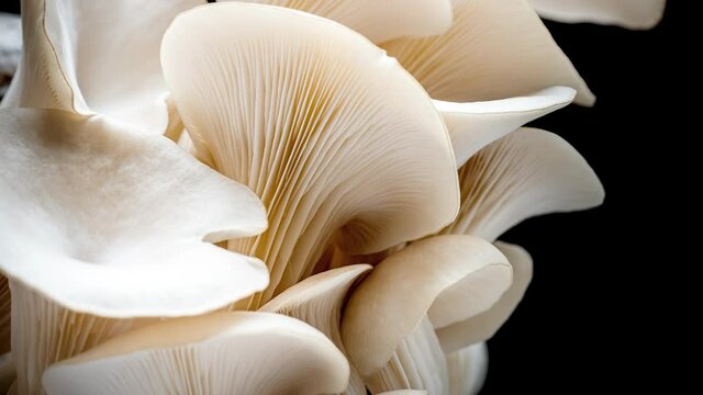 4K Time Lapse of Oyster mushrooms growing on black background. Healthly food. Edible mushroom grow. 