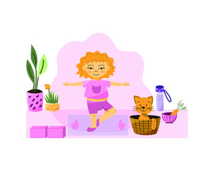 A cute girl practices yoga at home. Vector conceptual illustration.