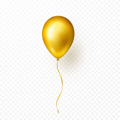 Gold balloon isolated on transparent background. Vector realistic golden festive 3d helium balloon template for anniversary, birthday party design - obrazy, fototapety, plakaty