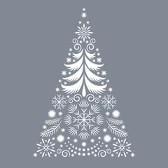 Christmas card. Stylized christmas tree with snowflakes