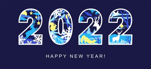 Happy New Year 2022 numbers design. Laser cut template with deer, fox, winter landscape, squirrel, snowflakes, stars. Cover for diary. Vector illustration.