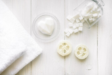 natural eco beauty handmade herbal soap. luffa sponge, clay for making facial or body mask