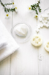 Fototapeta na wymiar natural eco beauty handmade herbal soap. luffa sponge, clay for making facial or body mask