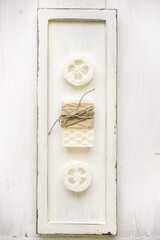natural eco beauty handmade herbal soap. luffa sponge, clay for making facial or body mask