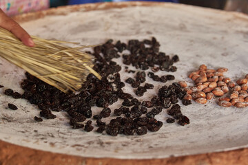 Documentary photography preparation of Oaxacan mole in Mexico, in a traditional way. Oaxacan tamales. Mexican food. Latin food. Spicy food.